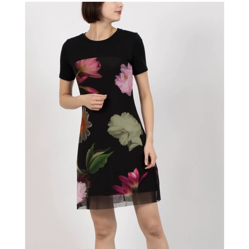 Desigual Black Mini Dress with Pink and Green Floral Print | M - Picture 2 of 6